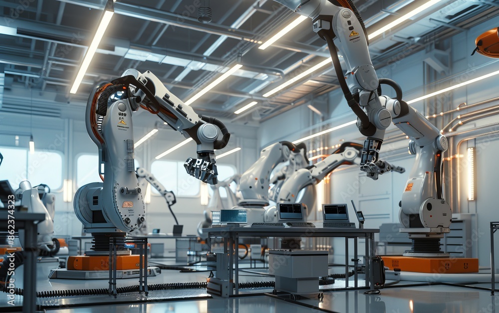Wall mural advanced robotic arms working in a high-tech industrial laboratory environment - Wall murals
