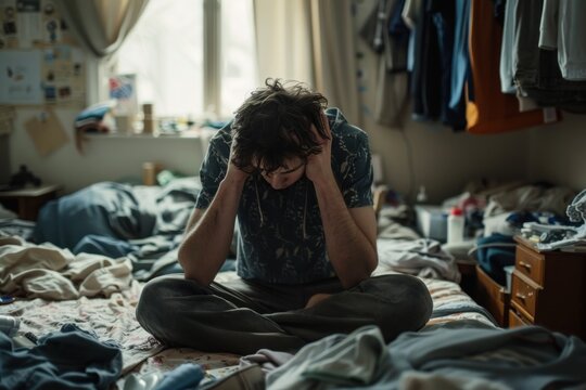 A man sitting on the edge of a bed, his head in his hands. The bedroom is messy, with clothes and items scattered around. His posture and the disarray in the room reflect his struggle with depression