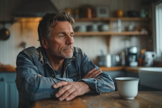 A man sitting at a kitchen table, a cup of coffee in front of him. He is looking out the window with a distant expression. The untouched coffee and his vacant stare indicate his lack of interest and