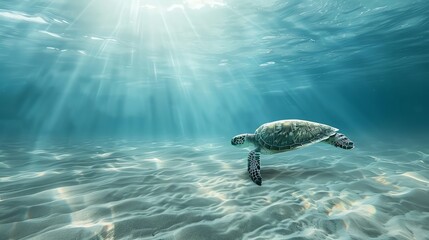 A serene underwater scene with a sea turtle gliding over the ocean floor, bathed in sunlight filtering through the clear water.