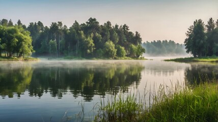 Misty lake view with beautiful green plants