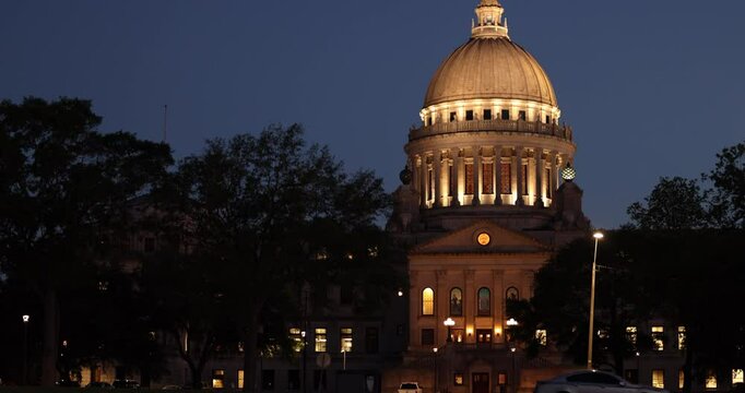 Twilight view of the historic State Capitol building of Jackson, Mississippi, USA.