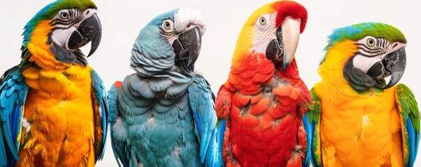 Naklejka premium Four colorful parrots on white background, studio shot. Exotic birds and wildlife concept