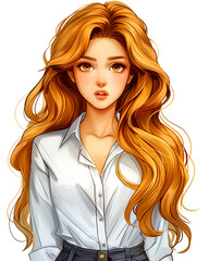 Obraz premium A woman with long brown hair and a white shirt. She has a surprised expression on her face