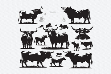 A series of images of cattle and a cow with horns silhouette.