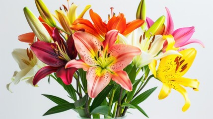photograph of Beautiful colorful lilies in a detailed vase on a clear white background.