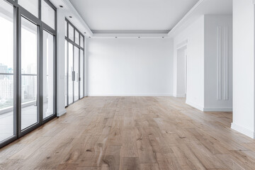 Obraz premium Empty room interiors in a property with no people and minimal furniture arrangements. Residential luxury Real Estate development concept image.