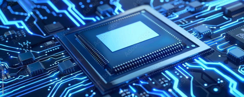 Poster Close-up of a blue microchip on a circuit board representing modern technology and computing