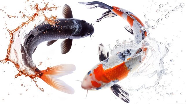 Very detailed yin yang koi fish photo on a clean and clear white background.