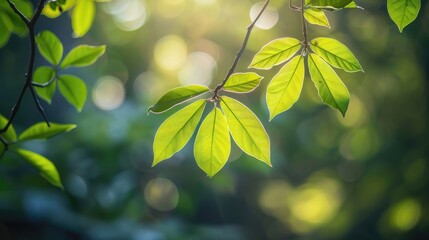 A leafy tree branch with leaves that are green and shiny