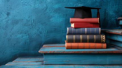 Graduation cap with books and staircase symbolizing education and achievement on a blue background. Suitable for educational institutions, graduation promotions, and academic events.