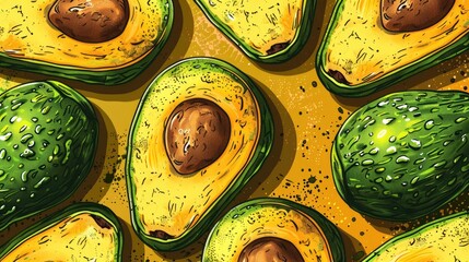 A drawing of several avocados with one of them having a green pit
