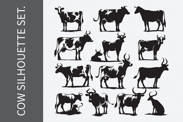 A black and white silhouette of a cow with horns.