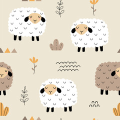 Seamless pattern with cute lamb and flowers for your fabric, children textile, apparel, nursery decoration, gift wrap paper, baby's shirt. Vector illustration