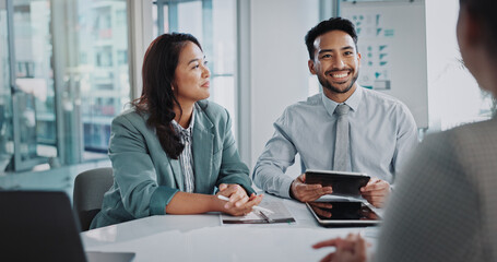 Report, business people or colleagues in meeting by office, communication and feedback on...