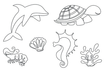 A set of silhouettes of sea creatures on a white background in a continuous line.