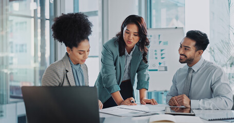 Business people, planning and teamwork with data analytics, documents and collaboration in meeting....
