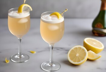 Classic champagne cocktail with sugar and lemon