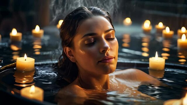 A woman soaking in a tranquil bath surrounded by candles, creating a serene and relaxing atmosphere, with warm candlelight reflecting off the water.