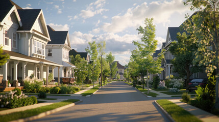 A serene suburban neighborhood adorned with beautiful new homes. Each prompt captures a different angle, showcasing the harmonious blend of architecture and community.