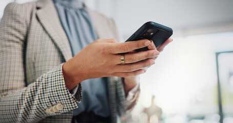 Office, hands and businessperson with cellphone for typing, chat and using phone for text message. Workplace, employee and mobile application for social media, networking and online communication