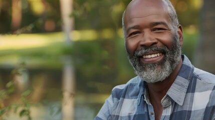 Portrait of happy senior African American man with beard smiling at camera in park near lake, close up, copy space for text banner "42789630" on background. Man wearing casual shirt looking to the sid