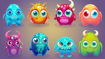 Fototapeta premium A variety of cute little monsters, big eye funny costumes Vector illustration