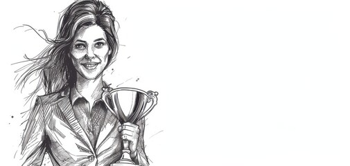 Fototapeta premium Monochrome sketch of a smiling woman holding a trophy, symbolizing achievement and success on a white background.