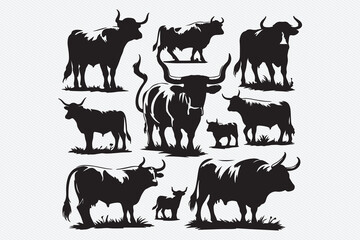 A series of images of cattle and a cow with horns.