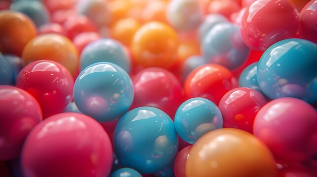  a close-up of a colorful assortment of bouncing balls with a soft focus.