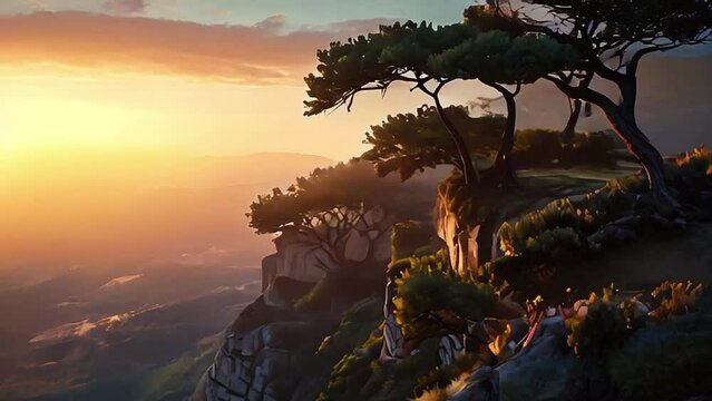 bonsai on the edge of a cliff at sunset.Seamless 4k time lapse virtual video animation background