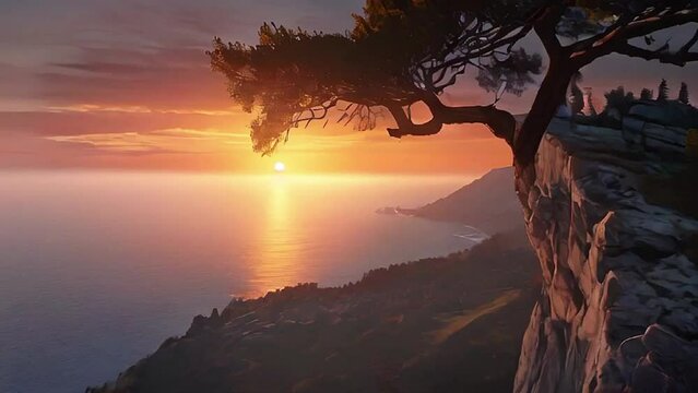 bonsai on the edge of a cliff at sunset.Seamless 4k time lapse virtual video animation background
