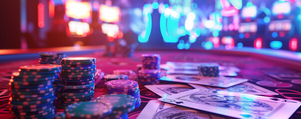 A casino table with poker chips, playing cards, and stacks of cash, under vibrant neon lights