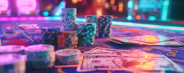 A casino table with poker chips, playing cards, and stacks of cash, under vibrant neon lights