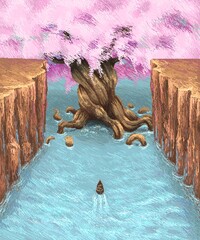 The ship navigating through the land strait is heading towards the giant cherry blossom tree