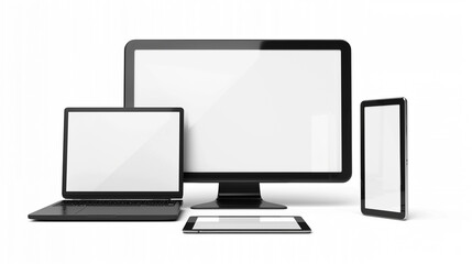 Fototapeta premium A series of images showcasing various electronic devices, including laptops, desktop monitors, tablets, and smartphones, all with blank screens, illustrating modern technology and device variety