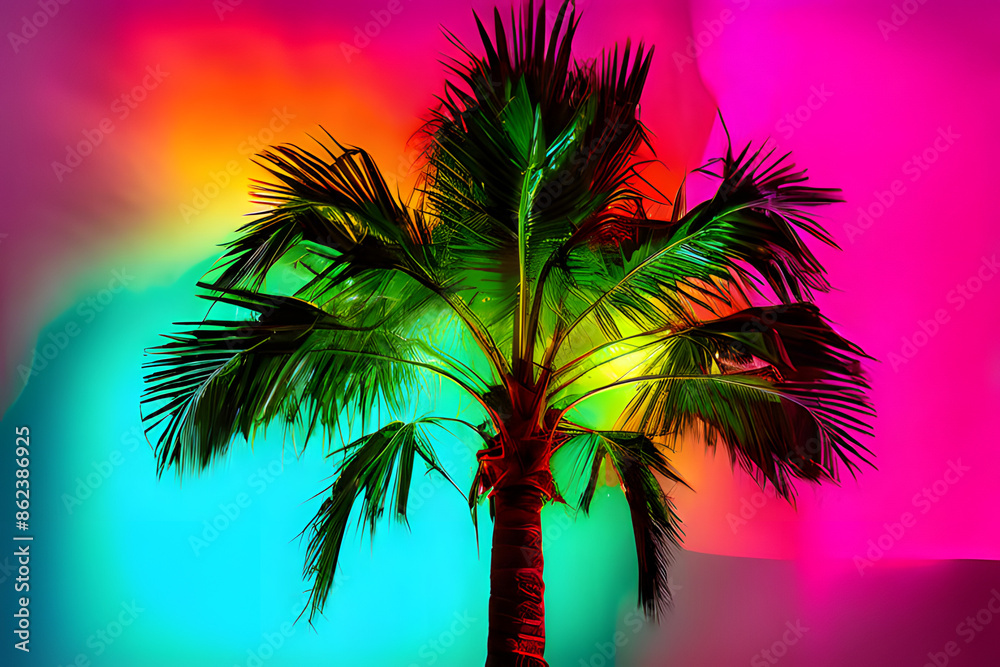 Poster A tropical paradise awaits! A vibrant palm tree, illuminated by glowing neon lights, stands out against a dark background.  This eye-catching image captures the energy and excitement of summer nights.