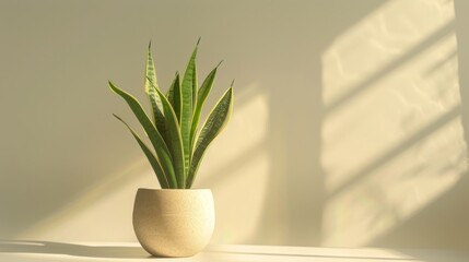 Product photography, potted Sansevieria , minimalist light background, interior photography, global illumination, naturally bright and well-lit, centered composition, shot with Canon camera, 