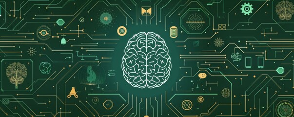 Digital brain concept with icons representing technology and artificial intelligence on green background