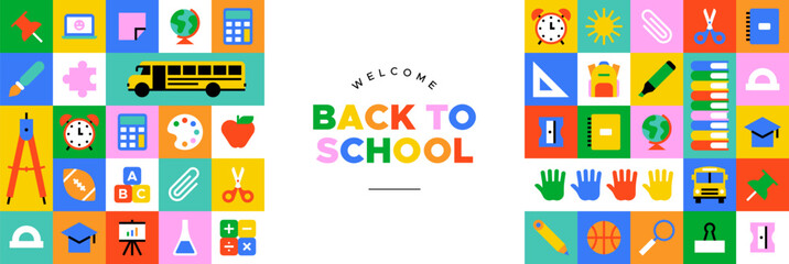 Colorful back to school geometric mosaic web banner. Modern flat education cartoon icon background, fun study concept illustration. Children stationery template, college subject symbol design.