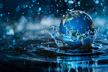 Planet Earth splashing in water with bokeh lights in the background, symbolizing environmental impact and water conservation.