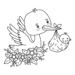 Cute stork in flowers with newborn baby. Outline cartoon kawaii bird character. Line drawing, coloring book. Vector illustration. Kids collection