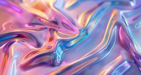 Shiny and colorful holographic neon curved wave with a fluid, dynamic design, featuring bright, reflective surfaces and a blend of vibrant hues in an abstract, futuristic composition