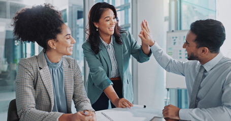 Business people, meeting and high five for data analytics, results or statistics in teamwork or...
