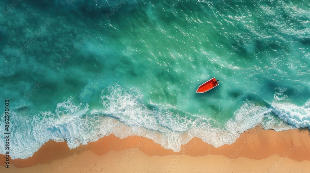 Canvas Prints Aerial View of a Red Boat on Turquoise Water - Canvas Prints