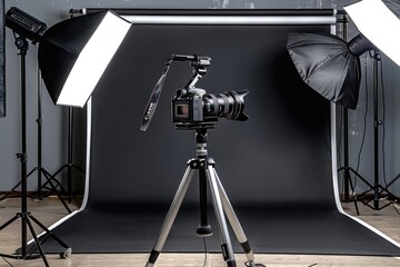 A professional photography studio with a sleek black backdrop, multiple softbox lights, and a high-end camera mounted on a tripod. 