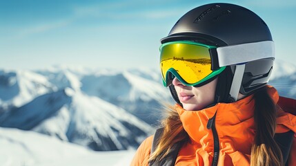 Happy Woman on the Ski Resort. A girl snowboarder with a helmet and orange goggles against a backdrop of snow-covered mountains