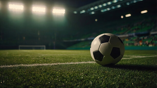 A soccer ball is placed in the grass of the stadium, illuminated by spotlights.
