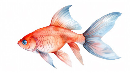 Fototapeta premium A watercolor illustration of a goldfish with orange scales and blue fins. The fish is depicted in profile, swimming to the right. The background is white.