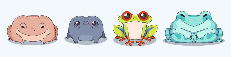 Cute frog character sitting on floor. Different types and colors of toad animal. Cartoon vector illustration set of funny childish amphibian creature. Aquatic and tropical comic froglet mascot.